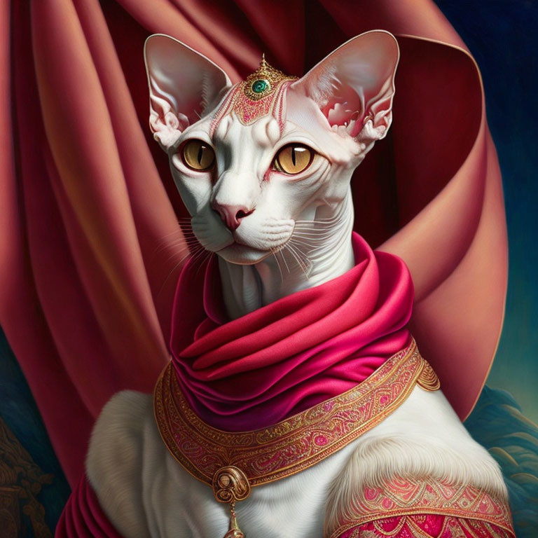 Regal sphynx cat with jeweled headpiece on pink fabric against blue background