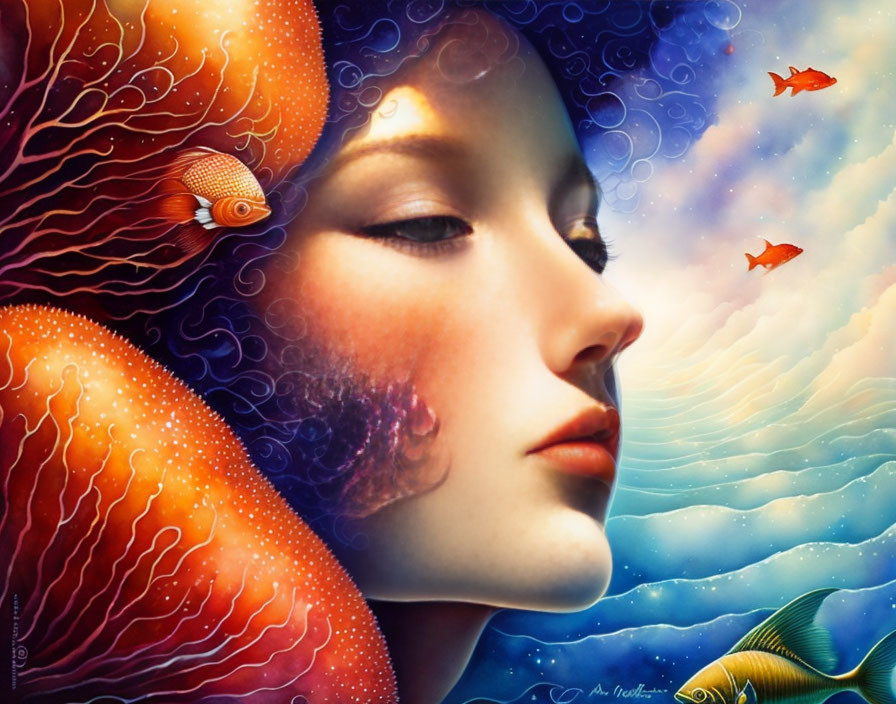 Vibrant surreal art: woman's face merges with marine life