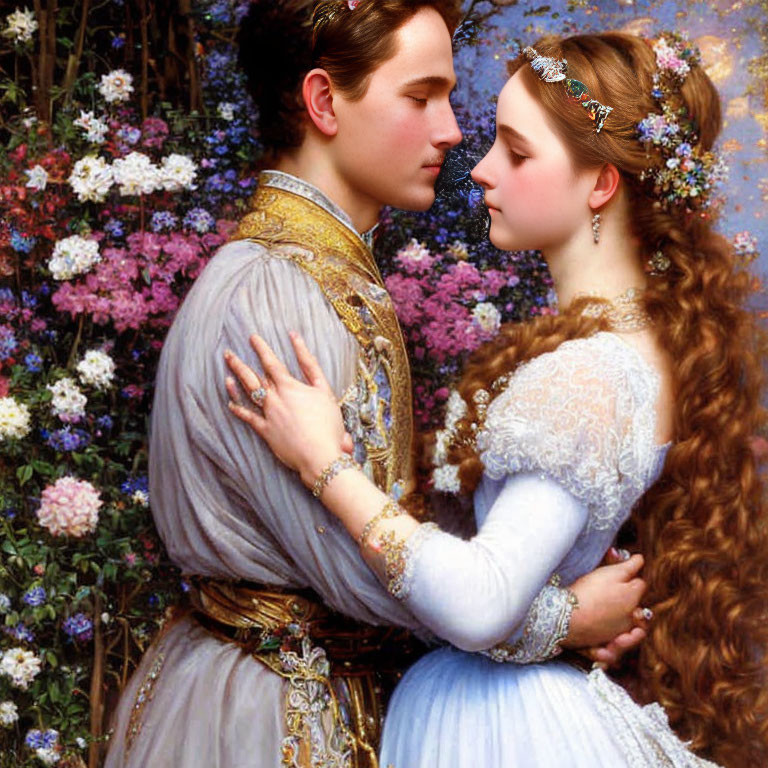 Regal attire couple embracing in vibrant flower backdrop