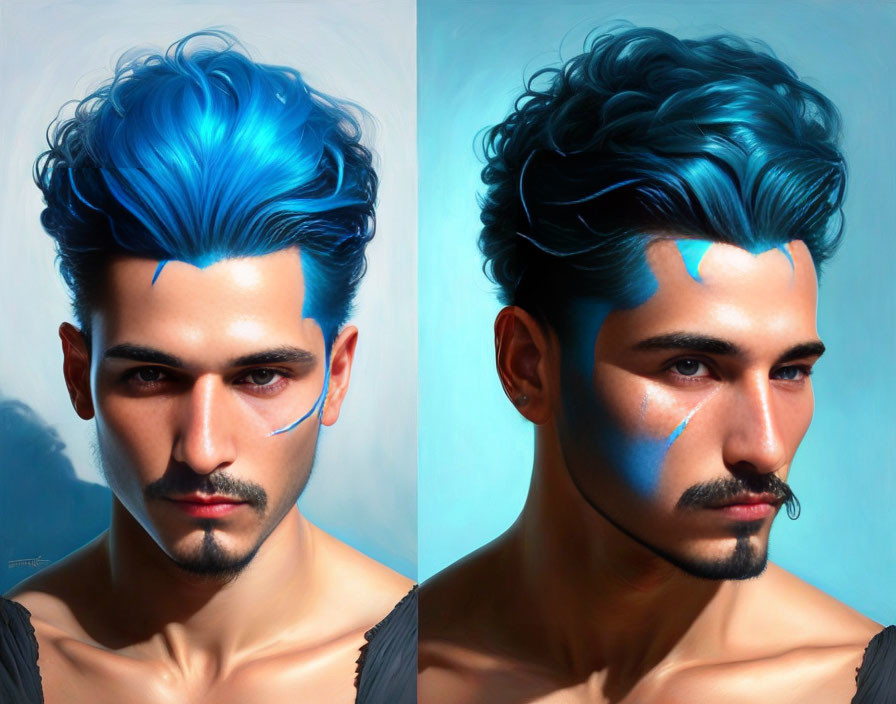 Vibrant blue-haired man in two versions on soft blue background