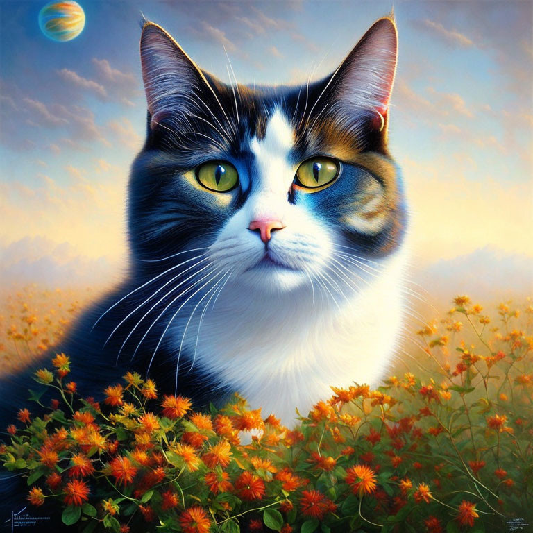 Colorful Cat Painting with Green-Eyed Cat in Orange Flower Field