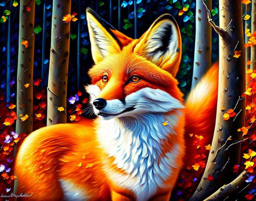 Colorful Fox in Fantasy Woodland with Luminescent Foliage