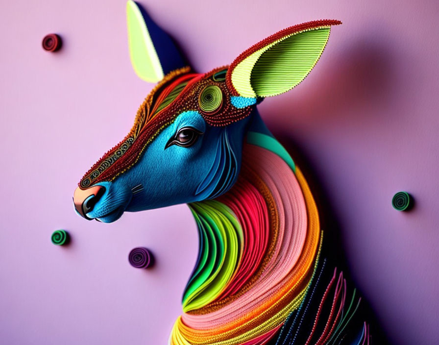 Colorful Deer Head Sculpture with Rainbow Paper Layers on Purple Background