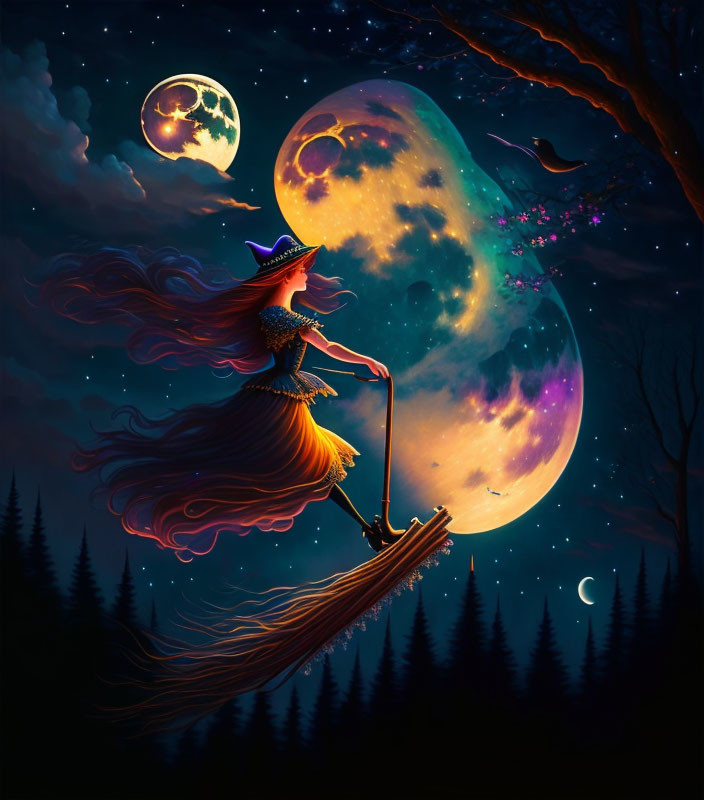 Whimsical witch on broomstick in colorful night sky