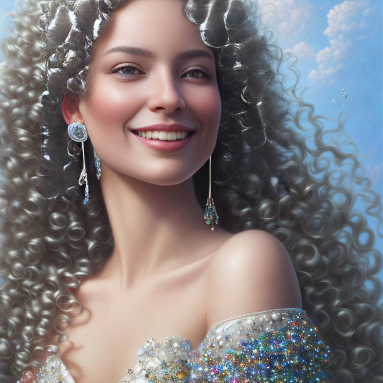 Smiling woman with curly hair and sparkling earrings in bejeweled top