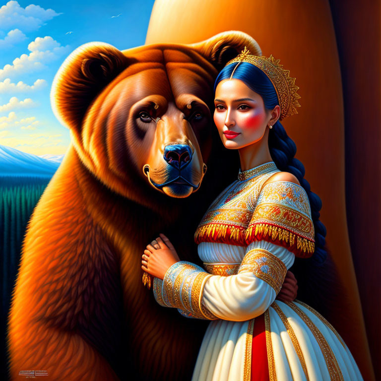 Woman in traditional attire hugging bear in scenic landscape