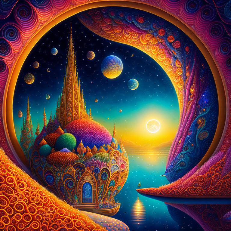 Colorful psychedelic art with swirling patterns and cosmic scenery