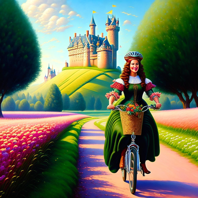 Woman in period dress biking through vibrant landscape towards fairytale castle