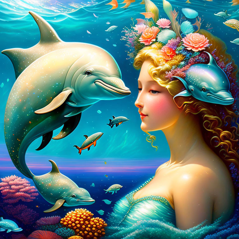 Vibrant underwater fantasy scene with woman, dolphins, fish, and coral