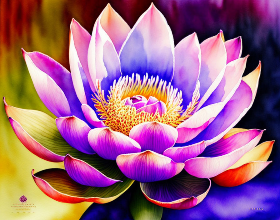 Colorful Lotus Flower Painting with Pink and Purple Petals on Yellow Background