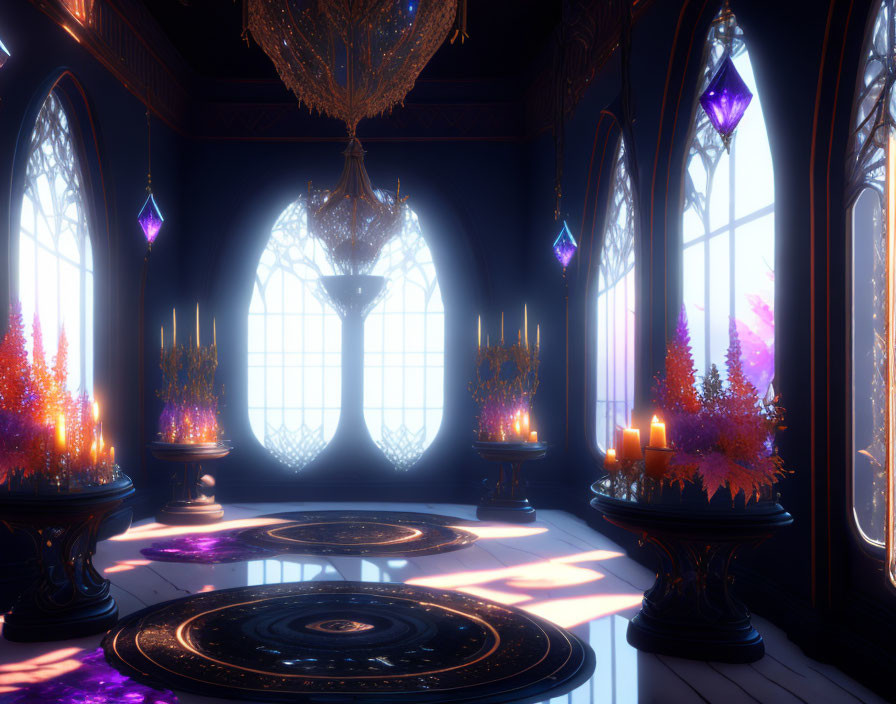 Ornate windows, purple light, glowing plants, candles, chandelier in mystical room