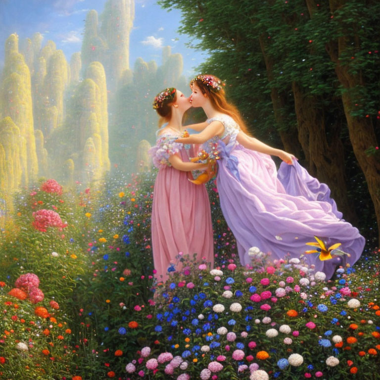 Two women embrace in a flower-filled meadow with a sunlit forest backdrop