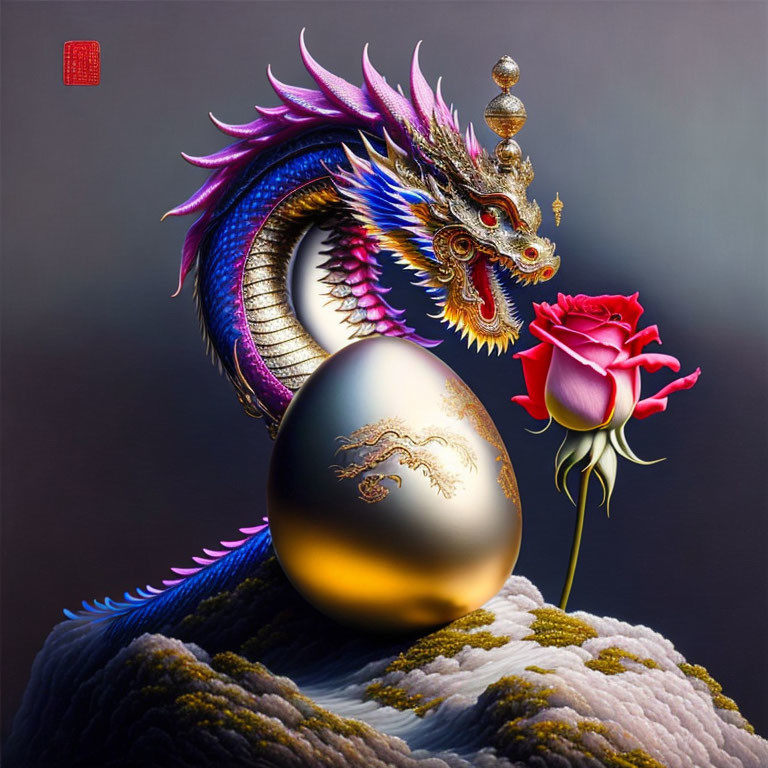 Mythical dragon with golden orb and red rose in vibrant digital illustration