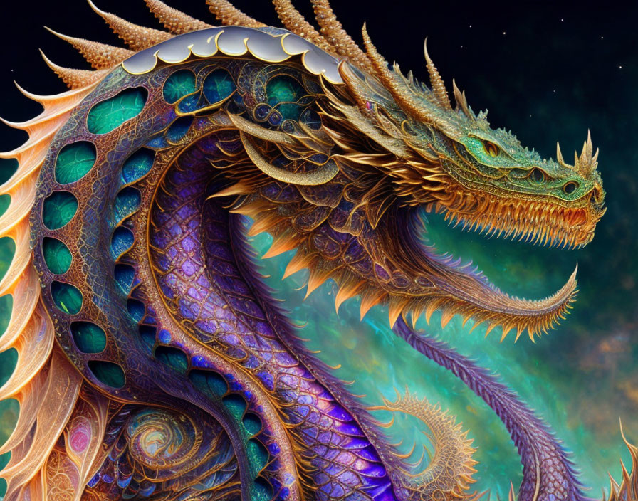 Detailed illustration of majestic dragon with iridescent scales and ornate horns in cosmic scene