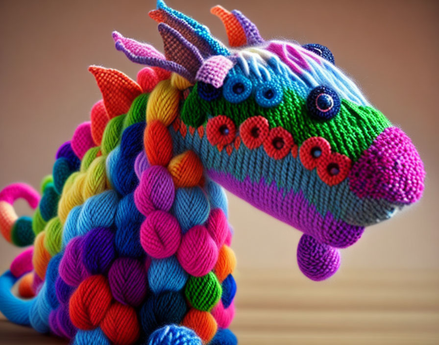 Colorful Crocheted Dragon with Multicolored Body and Spiky Mane