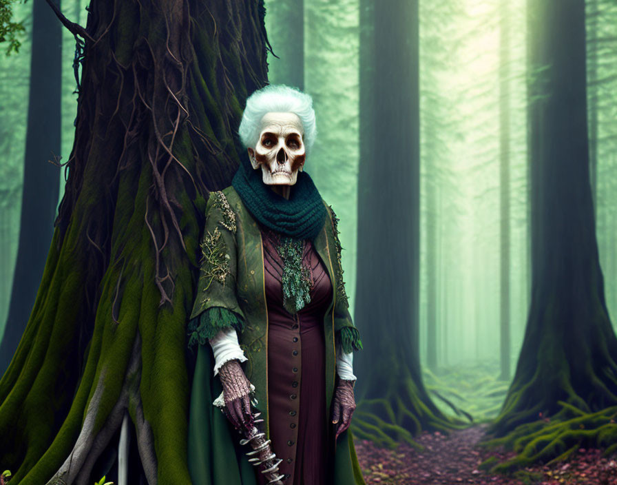 Skull-faced fantasy figure in regal attire with green cape near misty forest tree