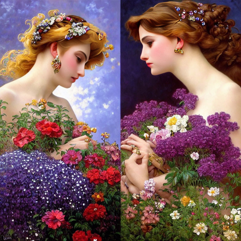 Woman with Floral Hair and Dress in Two Paintings