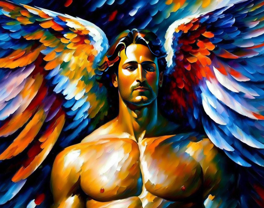 Vibrant painting of muscular angel with colorful wings