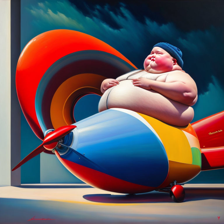 Colorful painting of overweight figure on toy plane in surreal setting