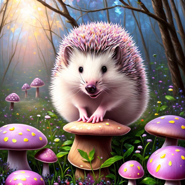 Smiling hedgehog on mushroom in whimsical forest illustration