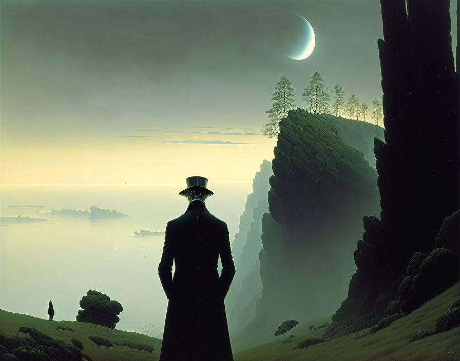 Man in top hat on cliff with crescent moon and surreal landscape