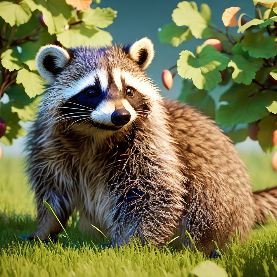 Detailed digital illustration of a raccoon in grass with lifelike fur texture