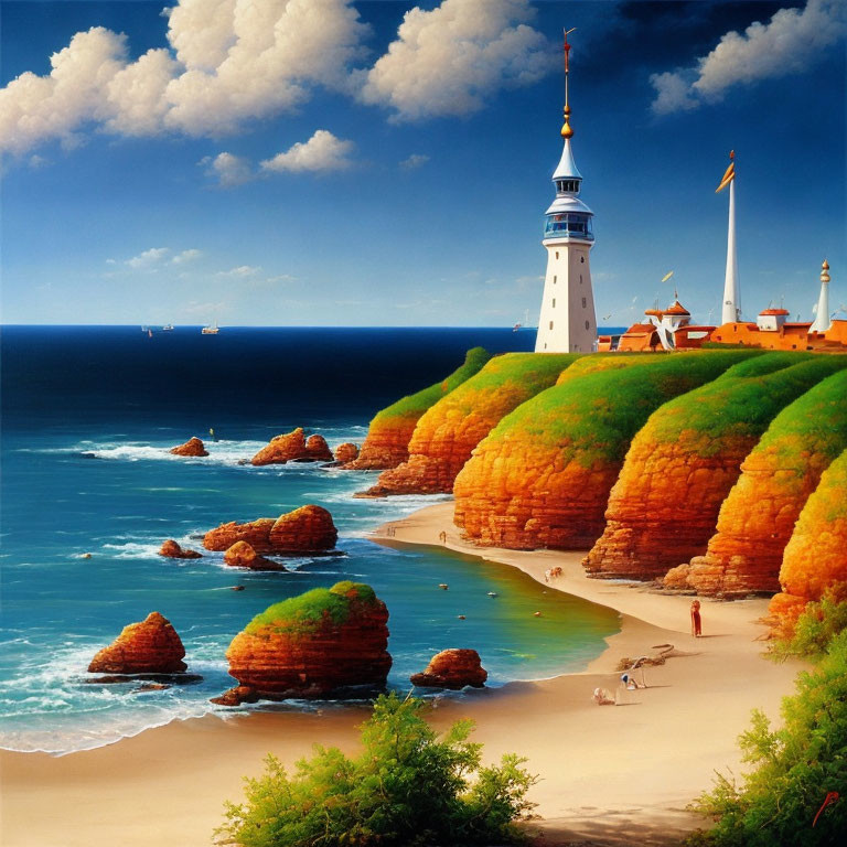 Scenic coastal landscape with lighthouse, beach, and ships