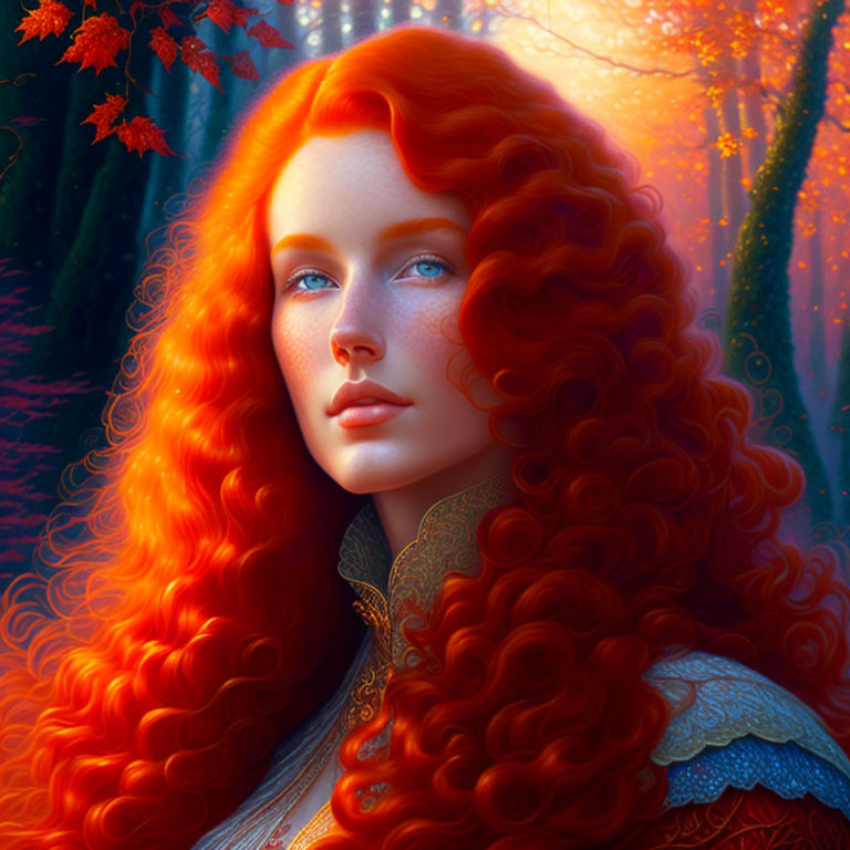 Vibrant red-haired woman in autumn forest setting