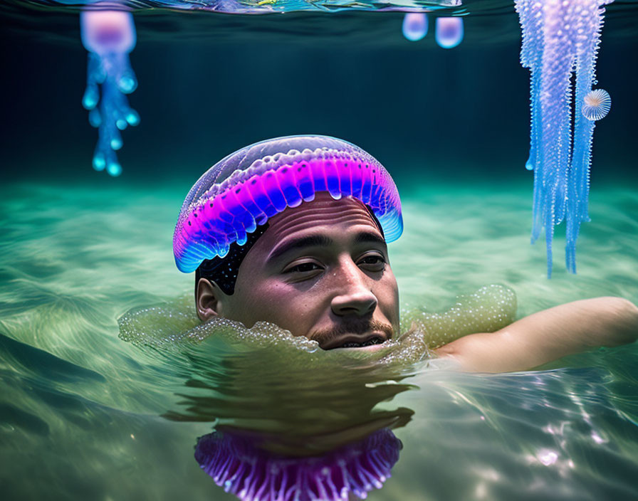 Man swimming underwater surrounded by colorful jellyfish