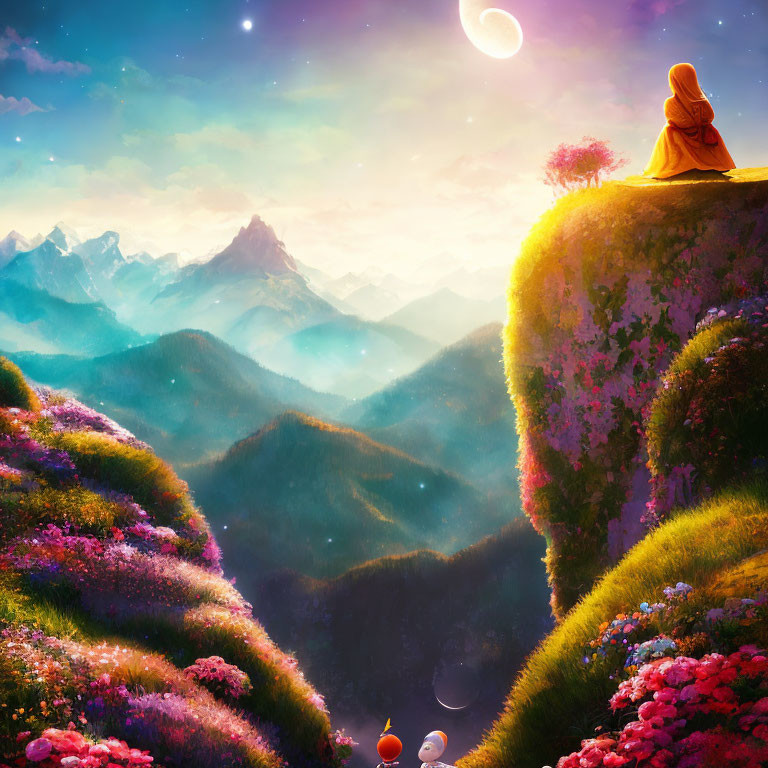 Cloaked figure on cliff with colorful flowers, fantasy landscape with moon and planets