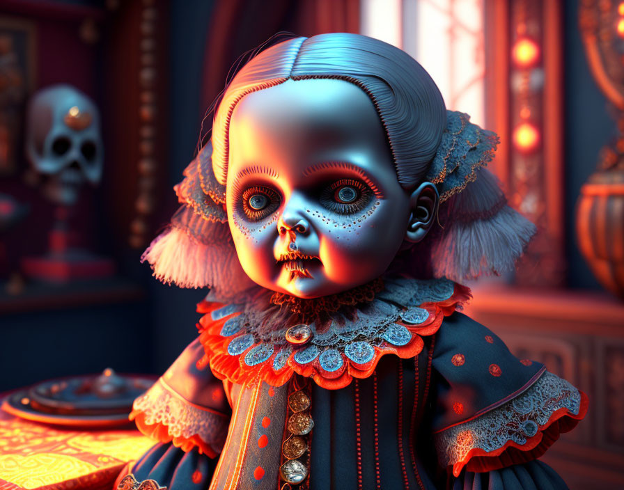 3D-rendered doll in vintage clothing with blue facial markings in dark, ornate room