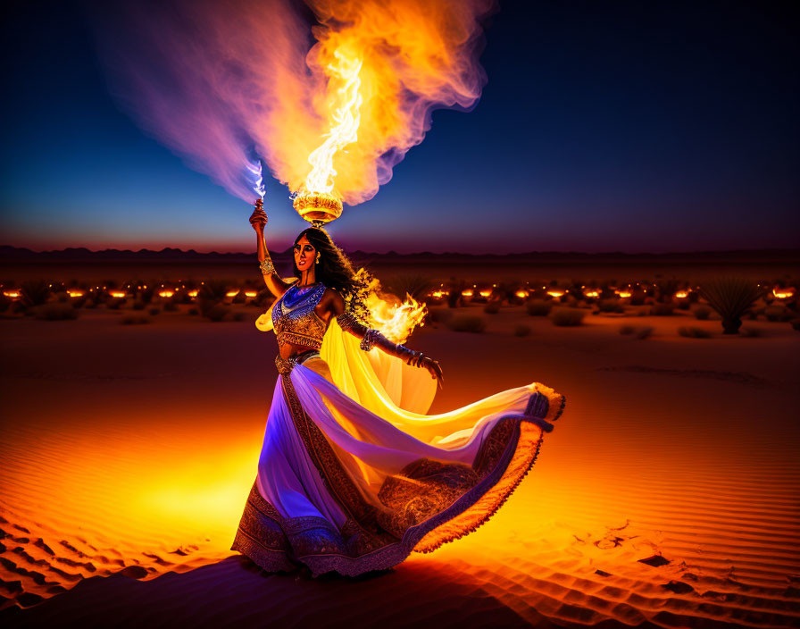 Traditional Indian attire fire dance at dusk in desert with vibrant flames