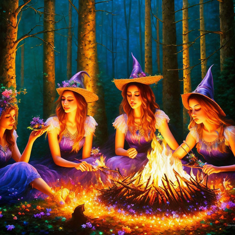 Four red-haired witches in purple dresses around a fire in an enchanted forest