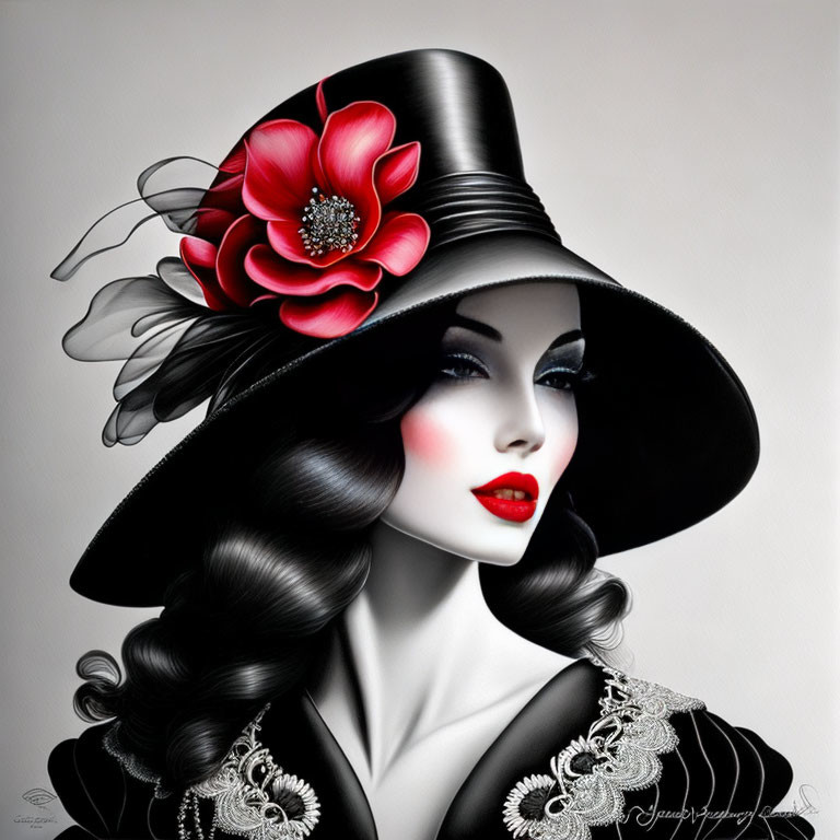 Stylized portrait of a woman with red lips and black hat