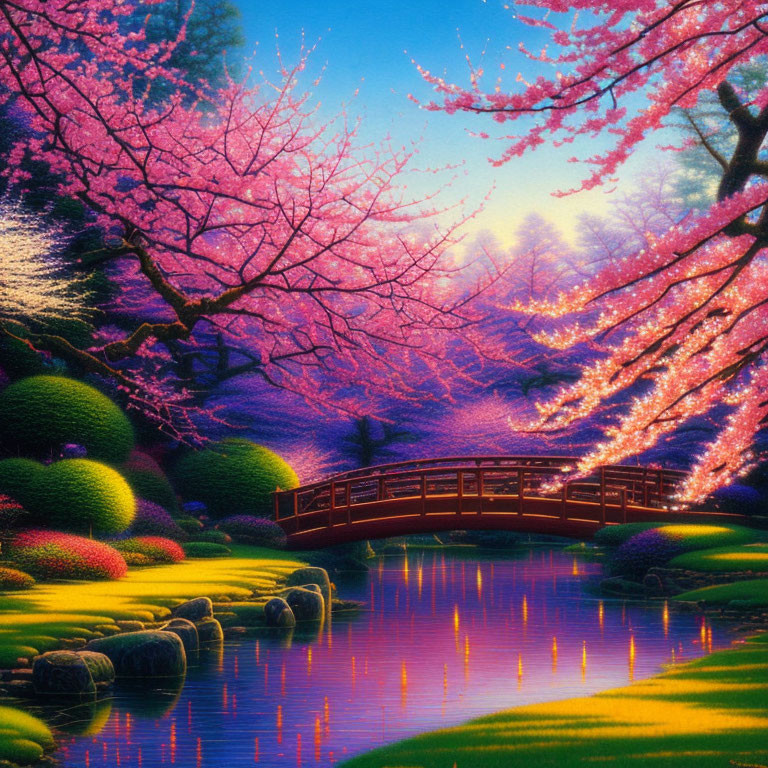 Fantasy artwork: Lush garden with cherry blossoms, wooden bridge, and twilight sky