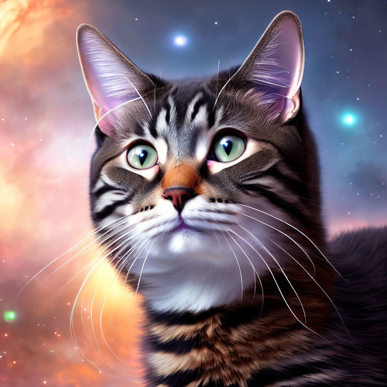 Tabby Cat Portrait with Green Eyes on Cosmic Starry Background