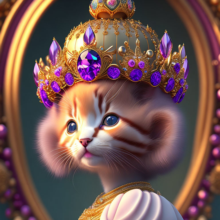 Regal Kitten with Blue Eyes in Crown and Jewels