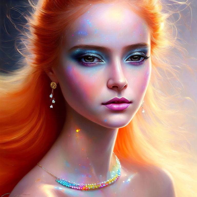 Vibrant digital portrait of a woman with orange hair and multicolored makeup