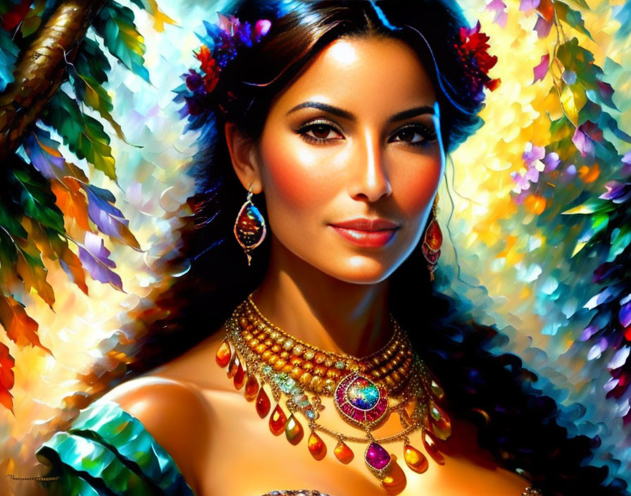 Digital painting of woman with floral hair & vibrant jewelry on abstract floral backdrop