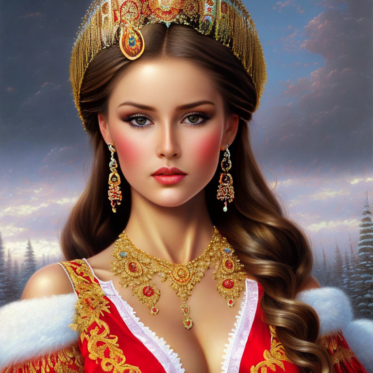 Elaborate golden headwear and red dress in fantasy painting