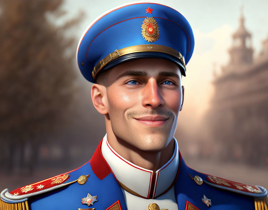 Smiling man in military uniform with star emblem and epaulettes