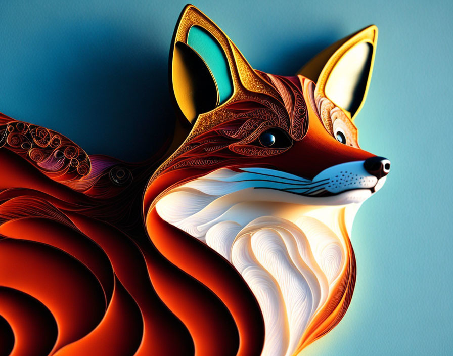 Colorful Stylized Fox Artwork with Intricate Patterns on Blue Background