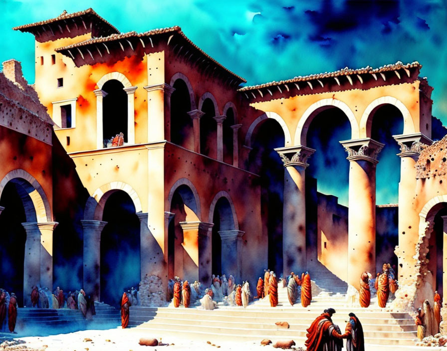 Digital painting of ancient Roman villa with figures in traditional attire under dramatic blue sky