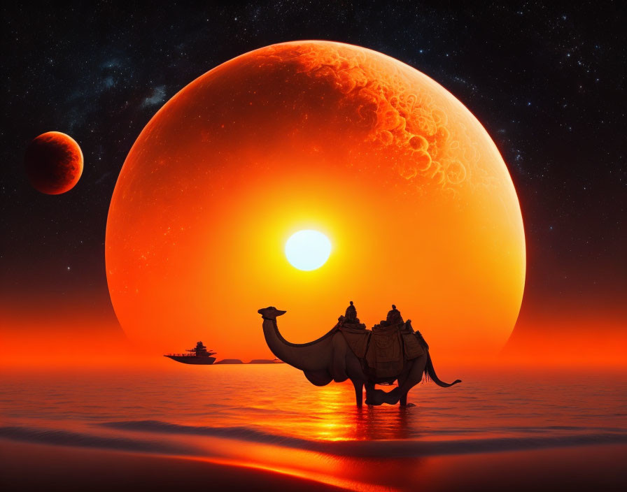 Surreal camel riders against ocean, sun, moons in starry sky