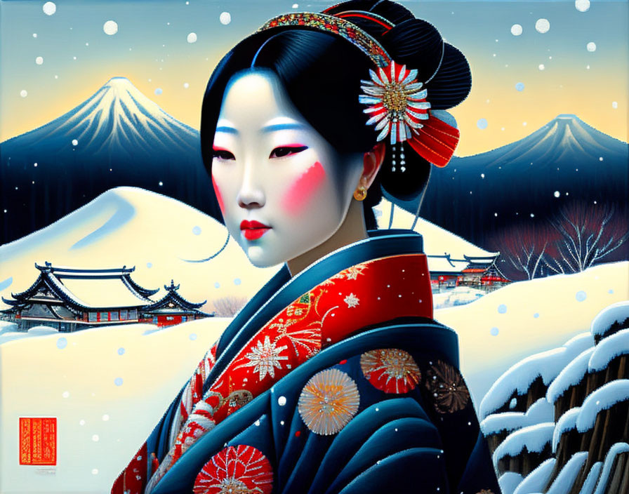 Digital Artwork: Geisha in Kimono with Mount Fuji and Snow-Covered Village