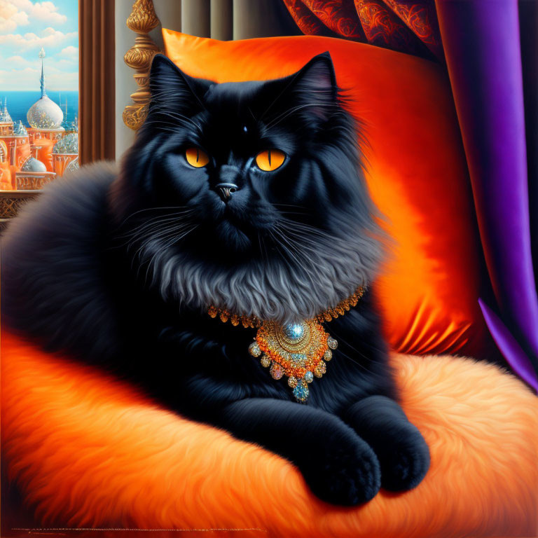 Black Cat with Orange Eyes and Jeweled Necklace on Orange Pillow with Palace Backdrop