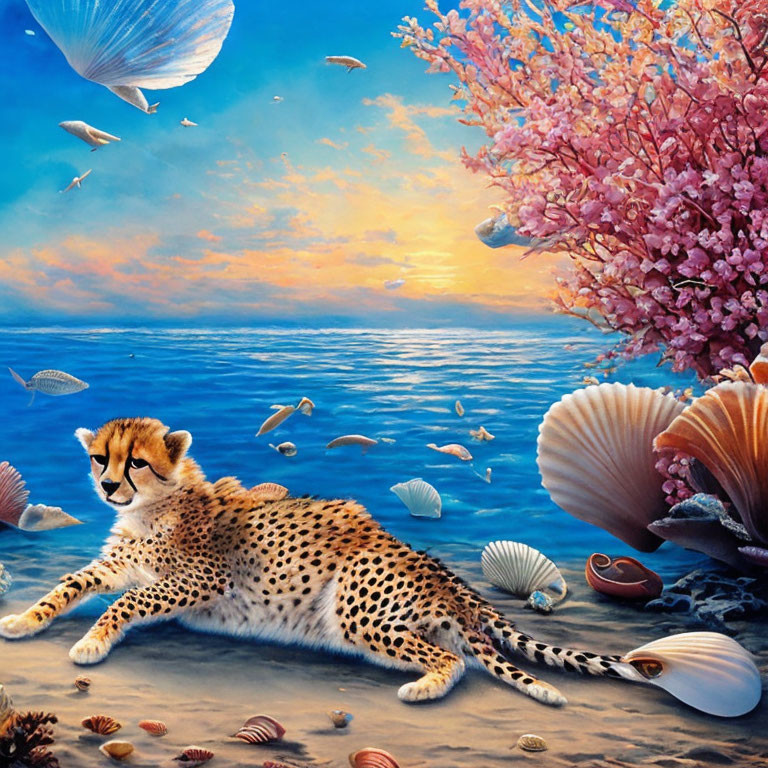 Surreal illustration of cheetah on beach with fish and coral tree