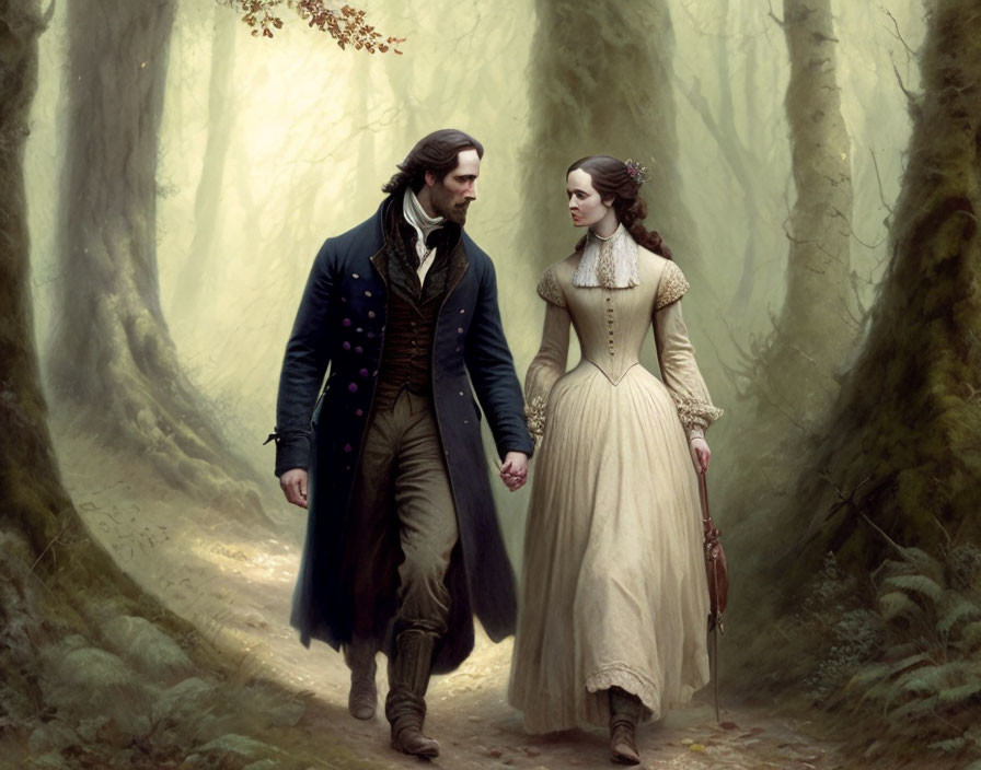 Man and woman in historical attire walking hand in hand in misty forest with sunlight.