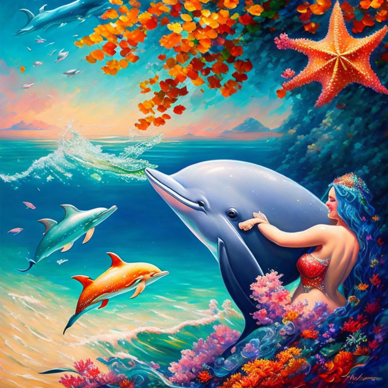 Colorful Underwater Scene with Mermaid, Dolphins, Coral, Starfish, Autumn Leaves, and