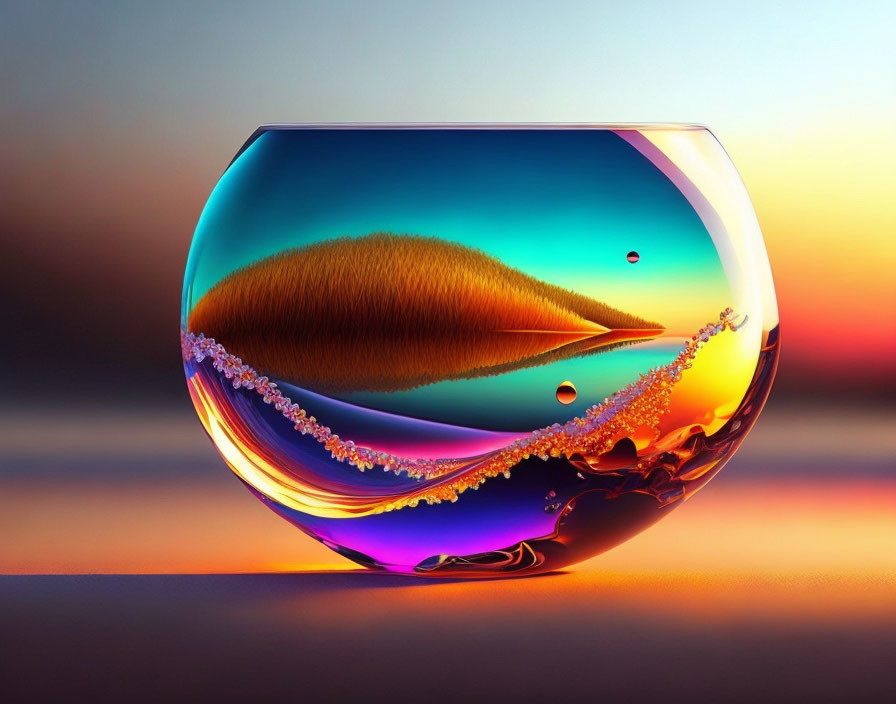 Colorful Fish-Inspired Vase Artwork Against Sunset Background